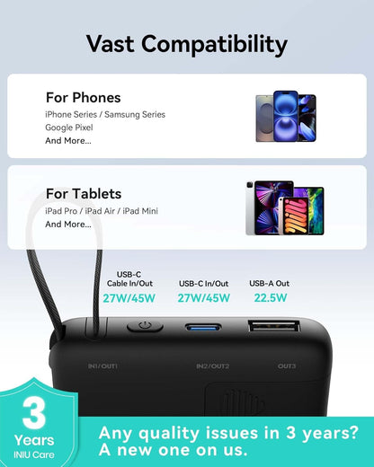 INIU 20000mAh Power Bank, Small 45W PD Fast Charging Portable Charger with Built-in USB C Cable, Flight-Safe Travel External Phone Battery Pack for iPhone 17 16 Pro Max Samsung S25 S26 Google iPad etc