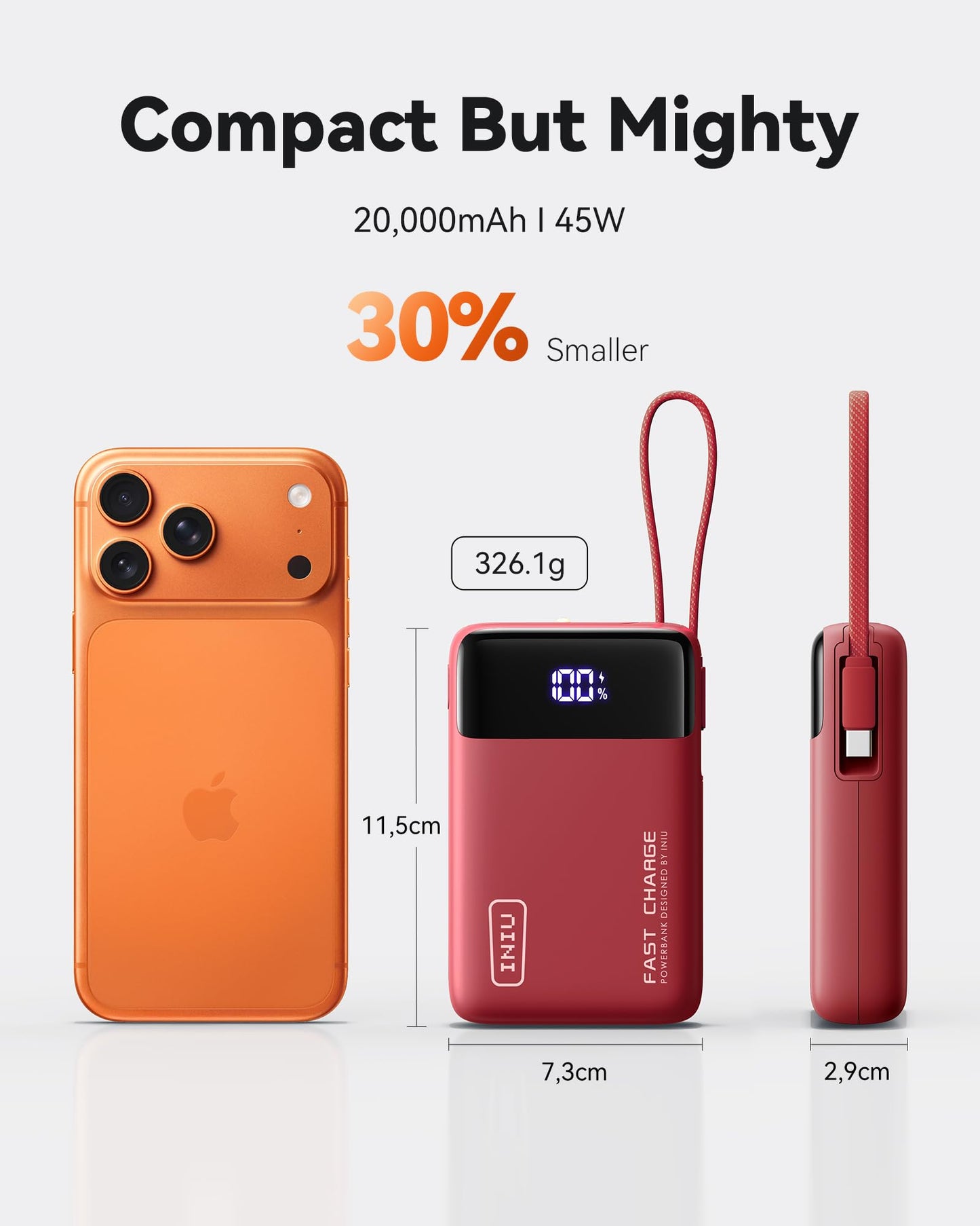 INIU 20000mAh Power Bank, Small 45W PD Fast Charging Portable Charger with Built-in USB C Cable, Flight-Safe Travel External Phone Battery Pack for iPhone 17 16 Pro Max Samsung S25 S26 Google iPad etc