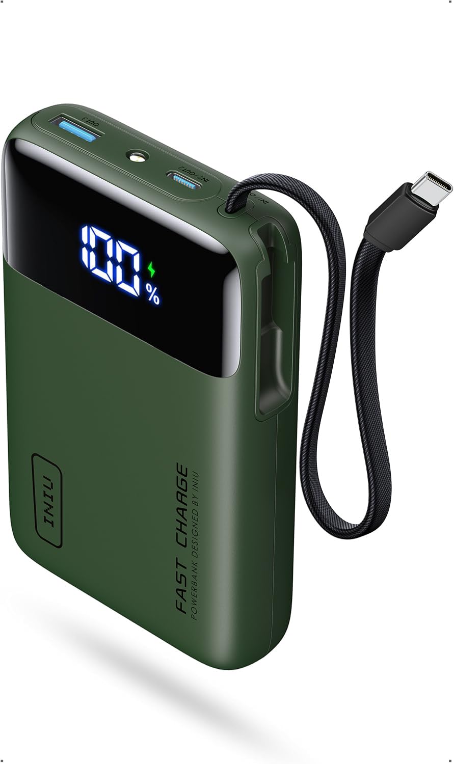 INIU 20000mAh Power Bank, Small 45W PD Fast Charging Portable Charger with Built-in USB C Cable, Flight-Safe Travel External Phone Battery Pack for iPhone 17 16 Pro Max Samsung S25 S26 Google iPad etc