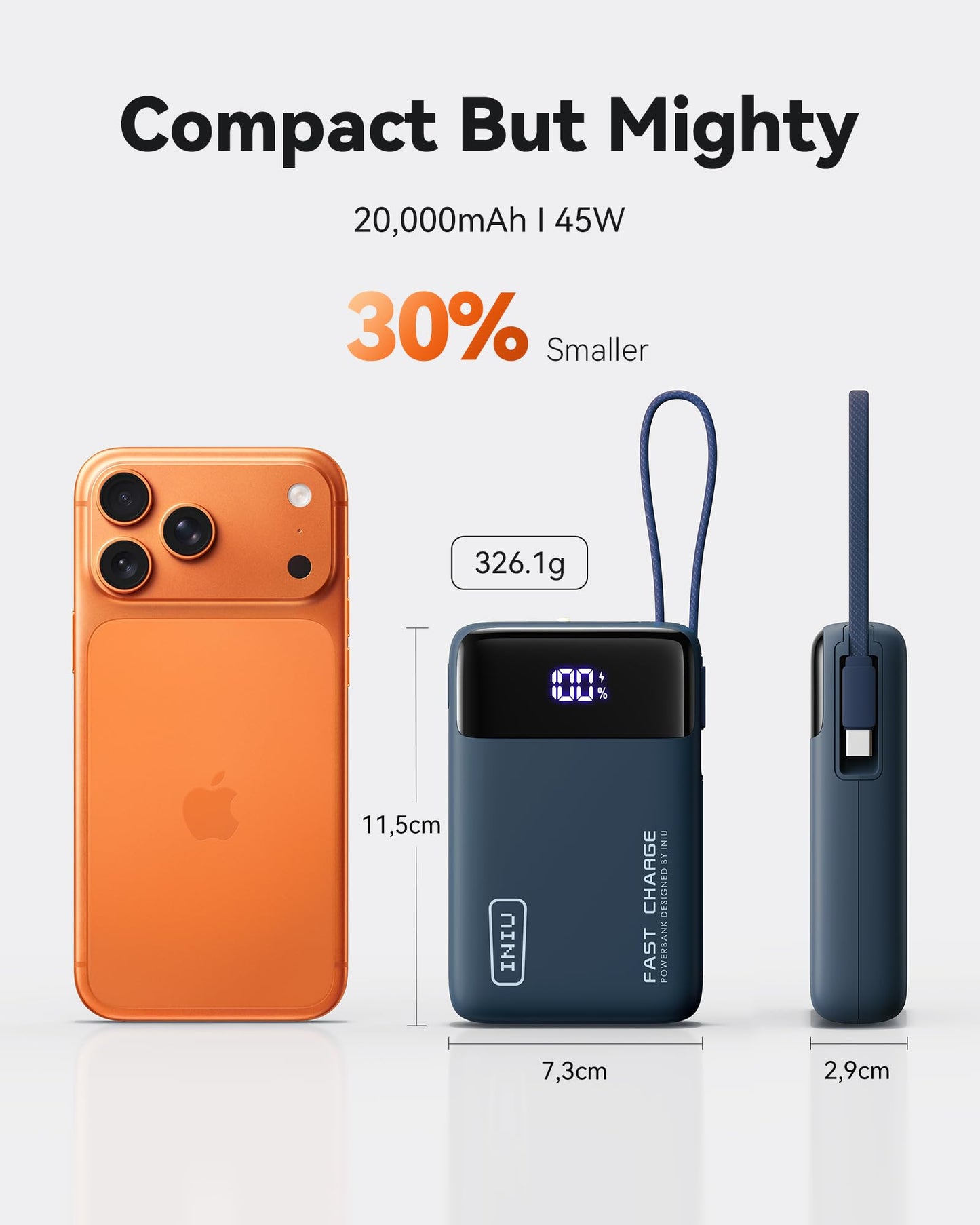 INIU 20000mAh Power Bank, Small 45W PD Fast Charging Portable Charger with Built-in USB C Cable, Flight-Safe Travel External Phone Battery Pack for iPhone 17 16 Pro Max Samsung S25 S26 Google iPad etc