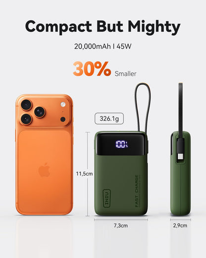 INIU 20000mAh Power Bank, Small 45W PD Fast Charging Portable Charger with Built-in USB C Cable, Flight-Safe Travel External Phone Battery Pack for iPhone 17 16 Pro Max Samsung S25 S26 Google iPad etc