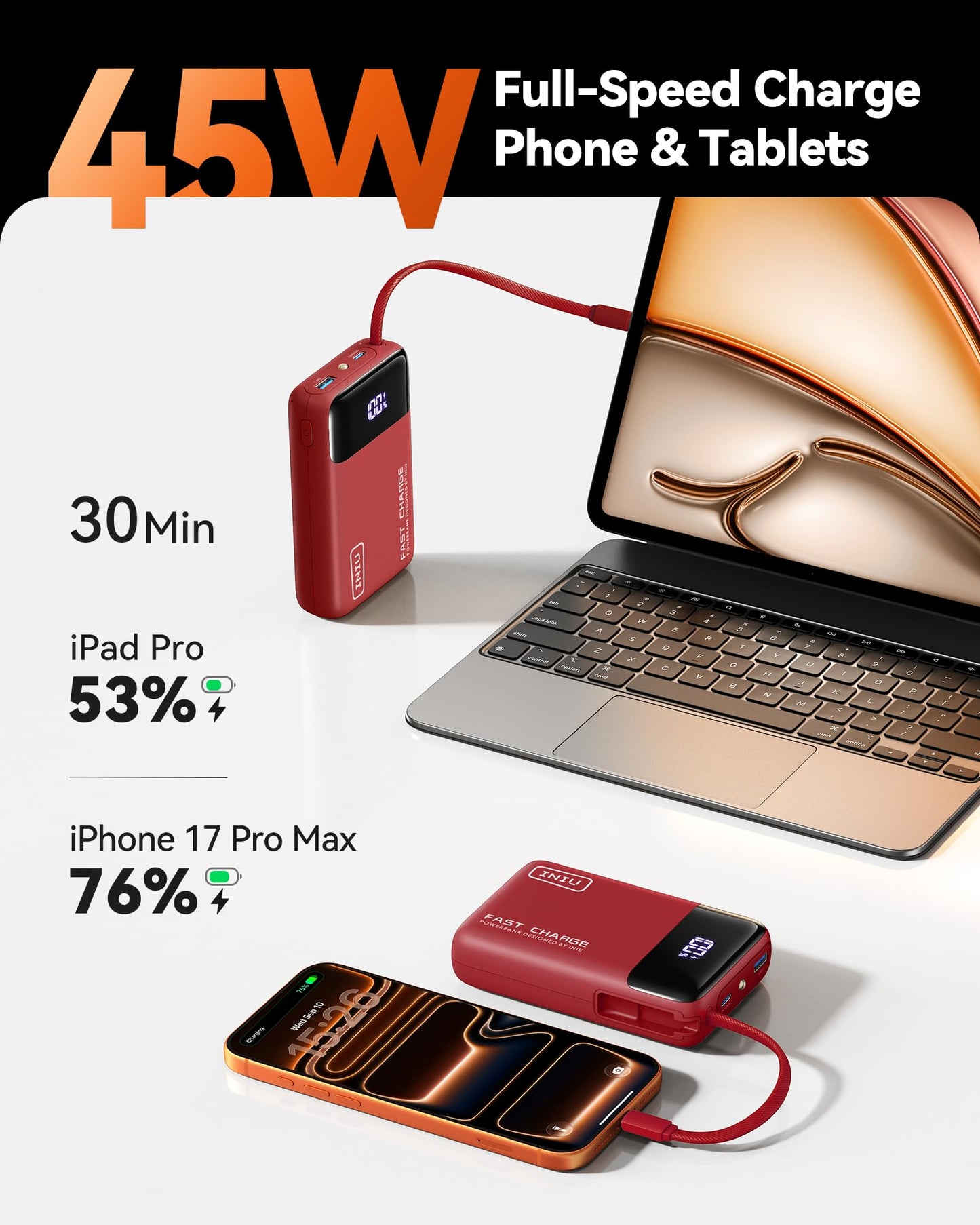 INIU 20000mAh Power Bank, Small 45W PD Fast Charging Portable Charger with Built-in USB C Cable, Flight-Safe Travel External Phone Battery Pack for iPhone 17 16 Pro Max Samsung S25 S26 Google iPad etc