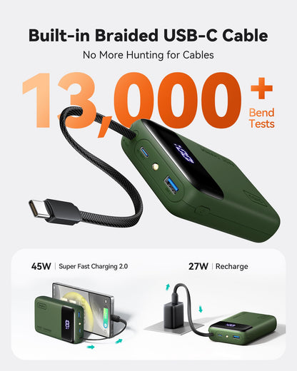 INIU 20000mAh Power Bank, Small 45W PD Fast Charging Portable Charger with Built-in USB C Cable, Flight-Safe Travel External Phone Battery Pack for iPhone 17 16 Pro Max Samsung S25 S26 Google iPad etc