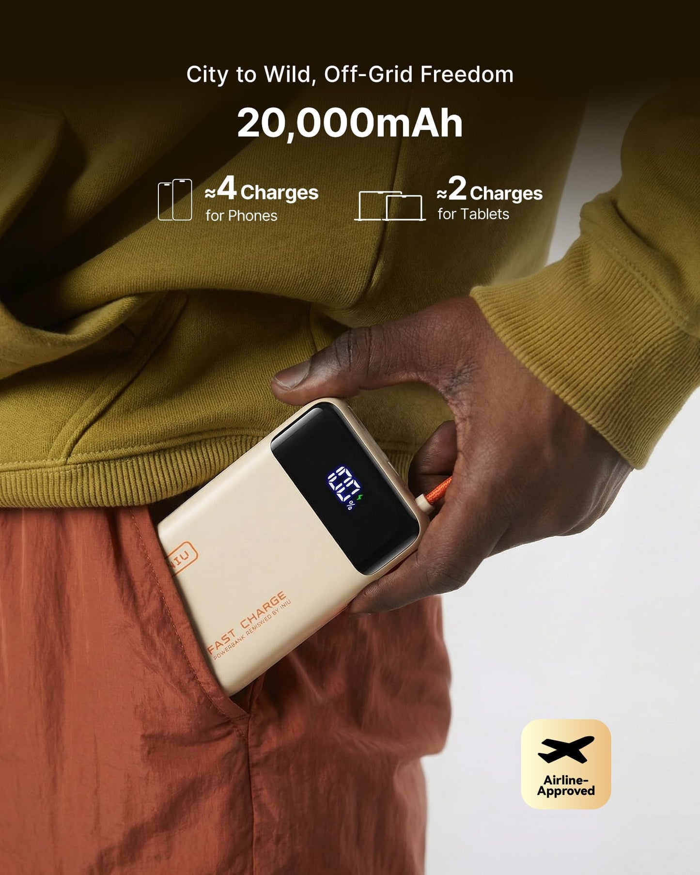INIU 20000mAh Power Bank, Small 45W PD Fast Charging Portable Charger with Built-in USB C Cable, Flight-Safe Travel External Phone Battery Pack for iPhone 17 16 Pro Max Samsung S25 S26 Google iPad etc
