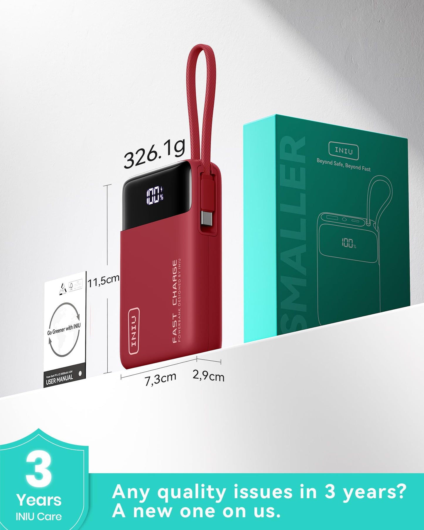 INIU 20000mAh Power Bank, Small 45W PD Fast Charging Portable Charger with Built-in USB C Cable, Flight-Safe Travel External Phone Battery Pack for iPhone 17 16 Pro Max Samsung S25 S26 Google iPad etc