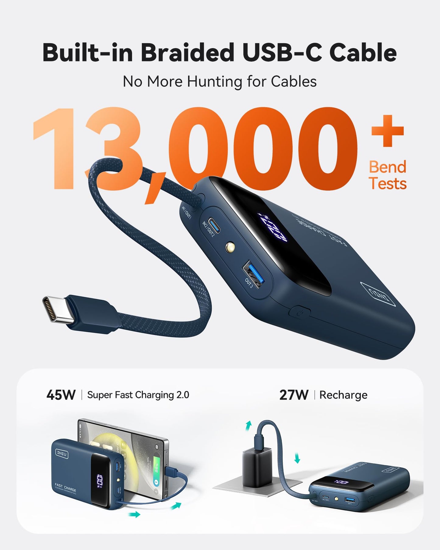 INIU 20000mAh Power Bank, Small 45W PD Fast Charging Portable Charger with Built-in USB C Cable, Flight-Safe Travel External Phone Battery Pack for iPhone 17 16 Pro Max Samsung S25 S26 Google iPad etc