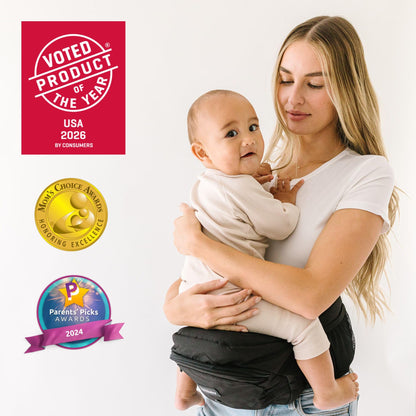 Tushbaby Safety-Certified Hip Carrier for Babies & Toddlers: Machine Washable Child Waist Seat for One Hand Support with Multi-Pocket Storage (23”-44” Waist, Holds Kids 0-3 yrs up to 45lbs) – Grey