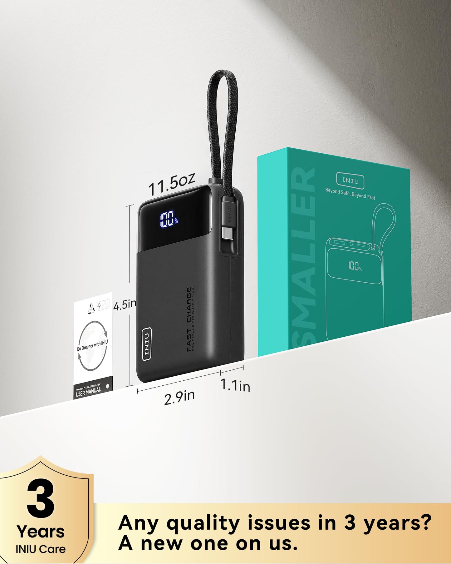 INIU 20000mAh Power Bank, Small 45W PD Fast Charging Portable Charger with Built-in USB C Cable, Flight-Safe Travel External Phone Battery Pack for iPhone 17 16 Pro Max Samsung S25 S26 Google iPad etc