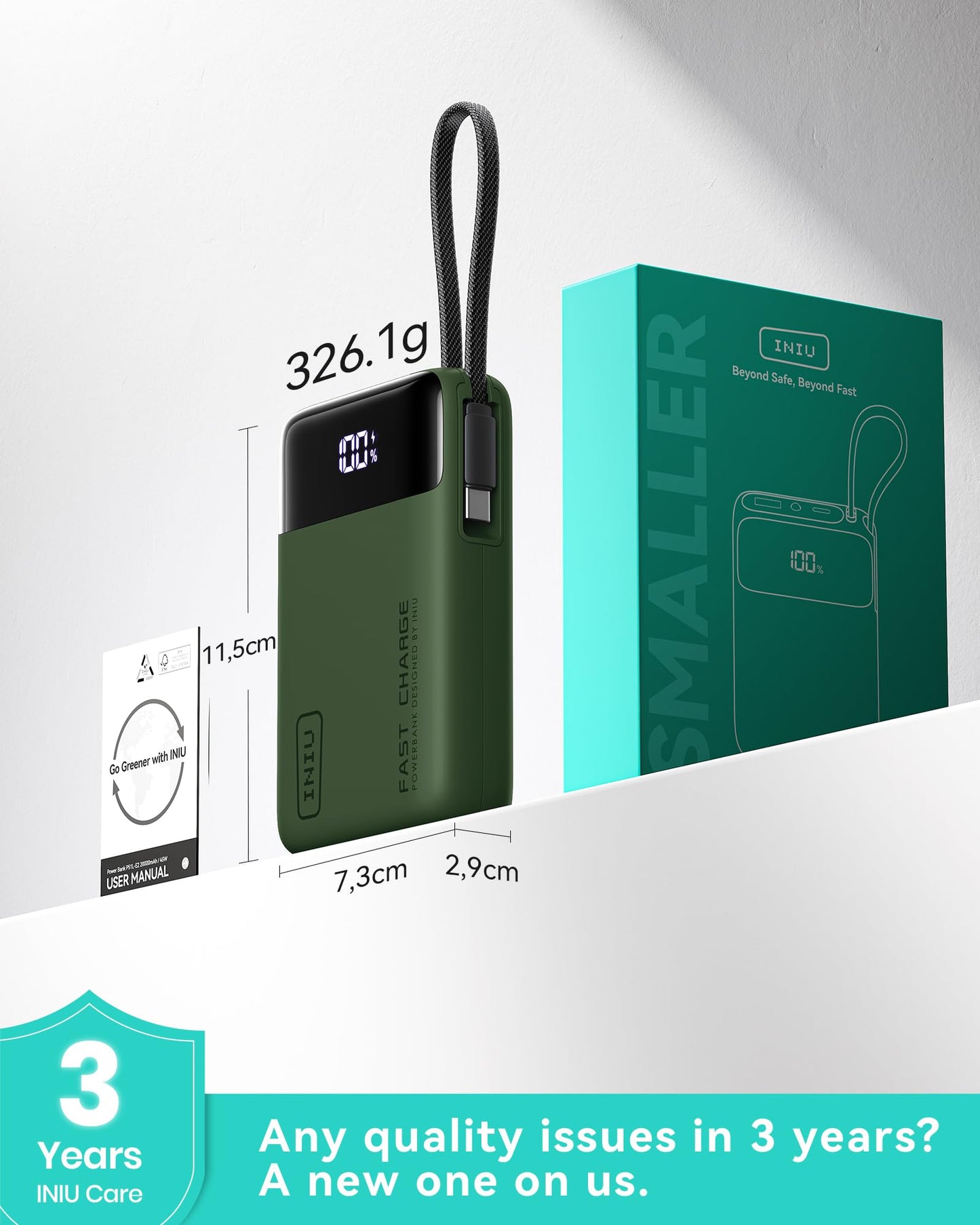 INIU 20000mAh Power Bank, Small 45W PD Fast Charging Portable Charger with Built-in USB C Cable, Flight-Safe Travel External Phone Battery Pack for iPhone 17 16 Pro Max Samsung S25 S26 Google iPad etc