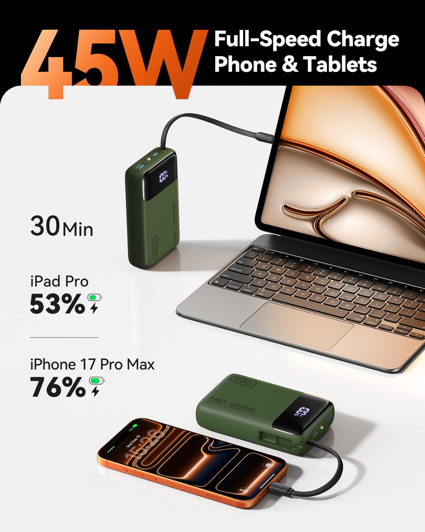 INIU 20000mAh Power Bank, Small 45W PD Fast Charging Portable Charger with Built-in USB C Cable, Flight-Safe Travel External Phone Battery Pack for iPhone 17 16 Pro Max Samsung S25 S26 Google iPad etc