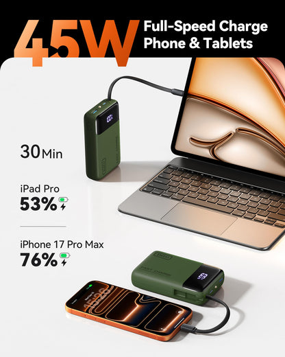 INIU 20000mAh Power Bank, Small 45W PD Fast Charging Portable Charger with Built-in USB C Cable, Flight-Safe Travel External Phone Battery Pack for iPhone 17 16 Pro Max Samsung S25 S26 Google iPad etc