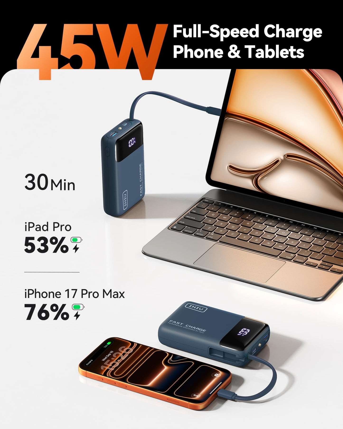 INIU 20000mAh Power Bank, Small 45W PD Fast Charging Portable Charger with Built-in USB C Cable, Flight-Safe Travel External Phone Battery Pack for iPhone 17 16 Pro Max Samsung S25 S26 Google iPad etc