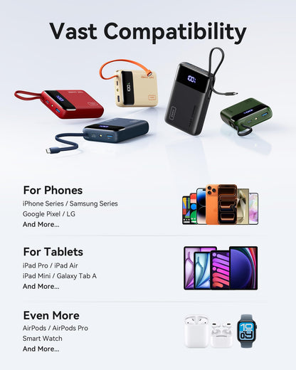 INIU 20000mAh Power Bank, Small 45W PD Fast Charging Portable Charger with Built-in USB C Cable, Flight-Safe Travel External Phone Battery Pack for iPhone 17 16 Pro Max Samsung S25 S26 Google iPad etc