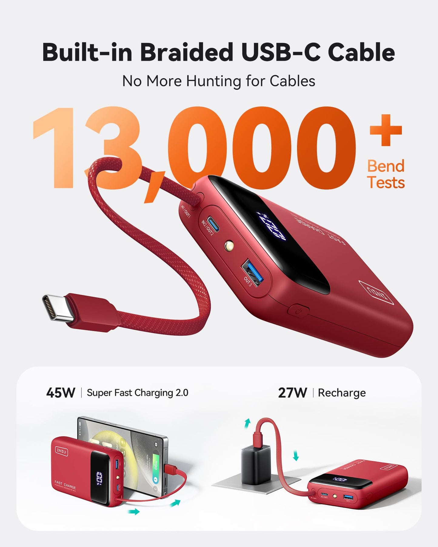 INIU 20000mAh Power Bank, Small 45W PD Fast Charging Portable Charger with Built-in USB C Cable, Flight-Safe Travel External Phone Battery Pack for iPhone 17 16 Pro Max Samsung S25 S26 Google iPad etc