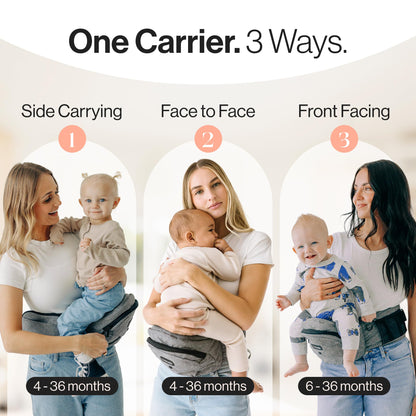 Tushbaby Safety-Certified Hip Carrier for Babies & Toddlers: Machine Washable Child Waist Seat for One Hand Support with Multi-Pocket Storage (23”-44” Waist, Holds Kids 0-3 yrs up to 45lbs) – Grey