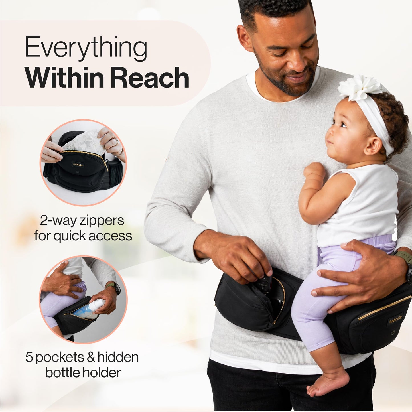 Tushbaby Safety-Certified Hip Carrier for Babies & Toddlers: Machine Washable Child Waist Seat for One Hand Support with Multi-Pocket Storage (23”-44” Waist, Holds Kids 0-3 yrs up to 45lbs) – Grey