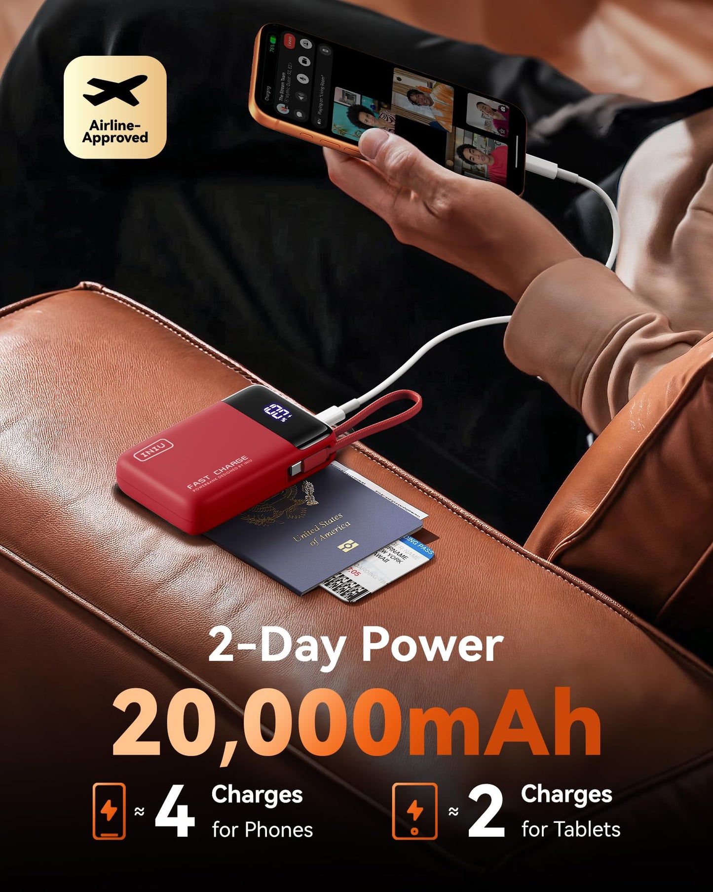INIU 20000mAh Power Bank, Small 45W PD Fast Charging Portable Charger with Built-in USB C Cable, Flight-Safe Travel External Phone Battery Pack for iPhone 17 16 Pro Max Samsung S25 S26 Google iPad etc