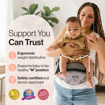 Tushbaby Safety-Certified Hip Carrier for Babies & Toddlers: Machine Washable Child Waist Seat for One Hand Support with Multi-Pocket Storage (23”-44” Waist, Holds Kids 0-3 yrs up to 45lbs) – Grey