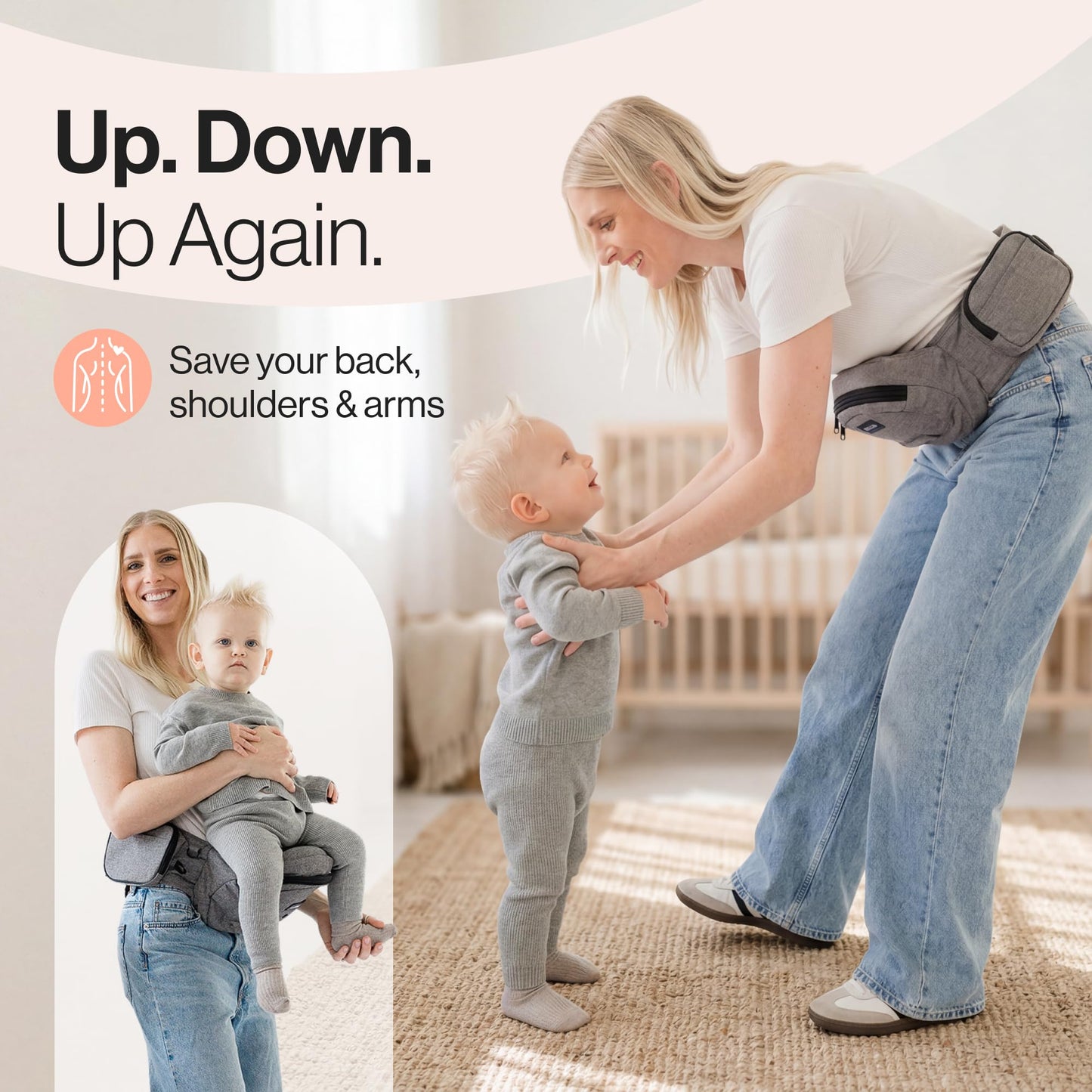 Tushbaby Safety-Certified Hip Carrier for Babies & Toddlers: Machine Washable Child Waist Seat for One Hand Support with Multi-Pocket Storage (23”-44” Waist, Holds Kids 0-3 yrs up to 45lbs) – Grey