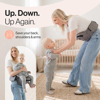 Tushbaby Safety-Certified Hip Carrier for Babies & Toddlers: Machine Washable Child Waist Seat for One Hand Support with Multi-Pocket Storage (23”-44” Waist, Holds Kids 0-3 yrs up to 45lbs) – Grey