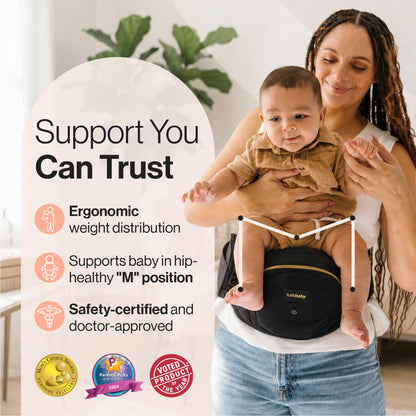 Tushbaby Safety-Certified Hip Carrier for Babies & Toddlers: Machine Washable Child Waist Seat for One Hand Support with Multi-Pocket Storage (23”-44” Waist, Holds Kids 0-3 yrs up to 45lbs) – Grey