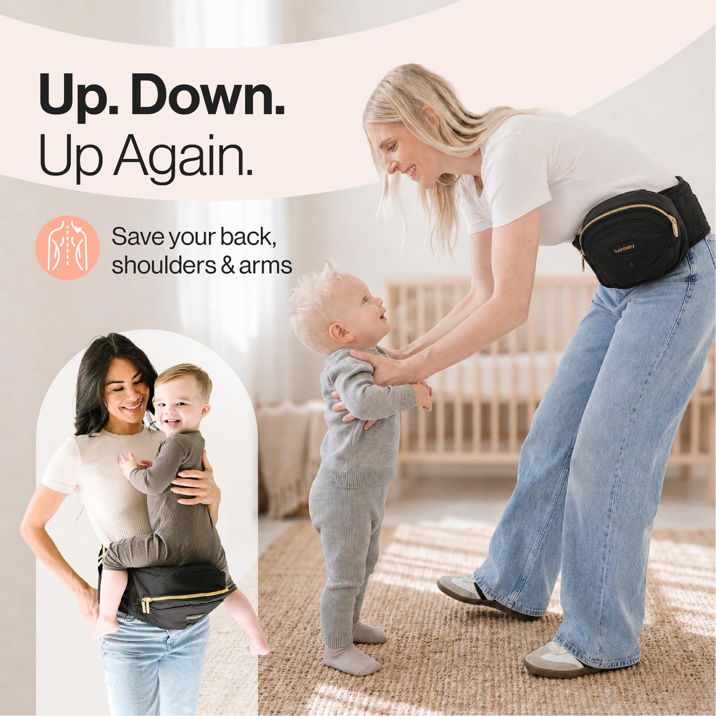Tushbaby Safety-Certified Hip Carrier for Babies & Toddlers: Machine Washable Child Waist Seat for One Hand Support with Multi-Pocket Storage (23”-44” Waist, Holds Kids 0-3 yrs up to 45lbs) – Grey
