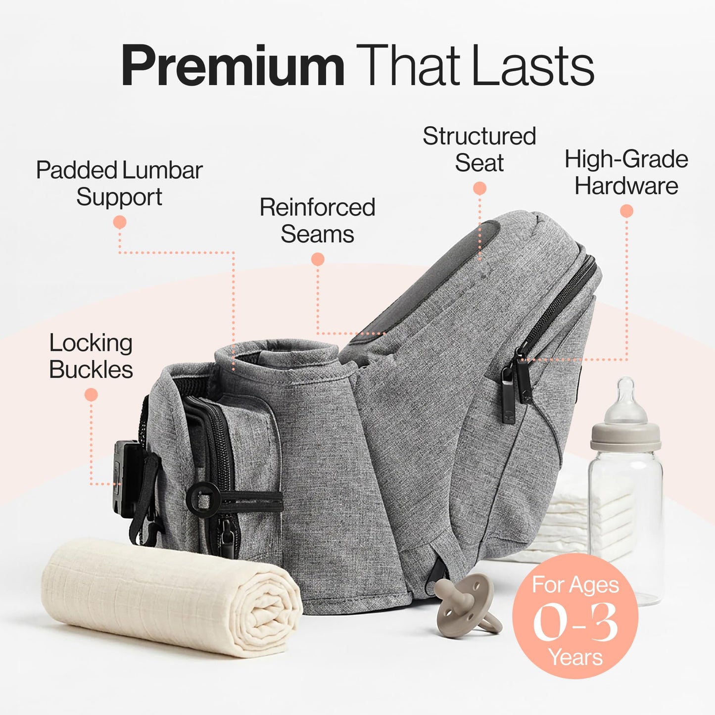 Tushbaby Safety-Certified Hip Carrier for Babies & Toddlers: Machine Washable Child Waist Seat for One Hand Support with Multi-Pocket Storage (23”-44” Waist, Holds Kids 0-3 yrs up to 45lbs) – Grey
