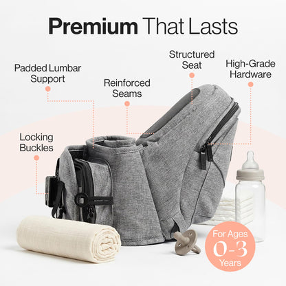 Tushbaby Safety-Certified Hip Carrier for Babies & Toddlers: Machine Washable Child Waist Seat for One Hand Support with Multi-Pocket Storage (23”-44” Waist, Holds Kids 0-3 yrs up to 45lbs) – Grey