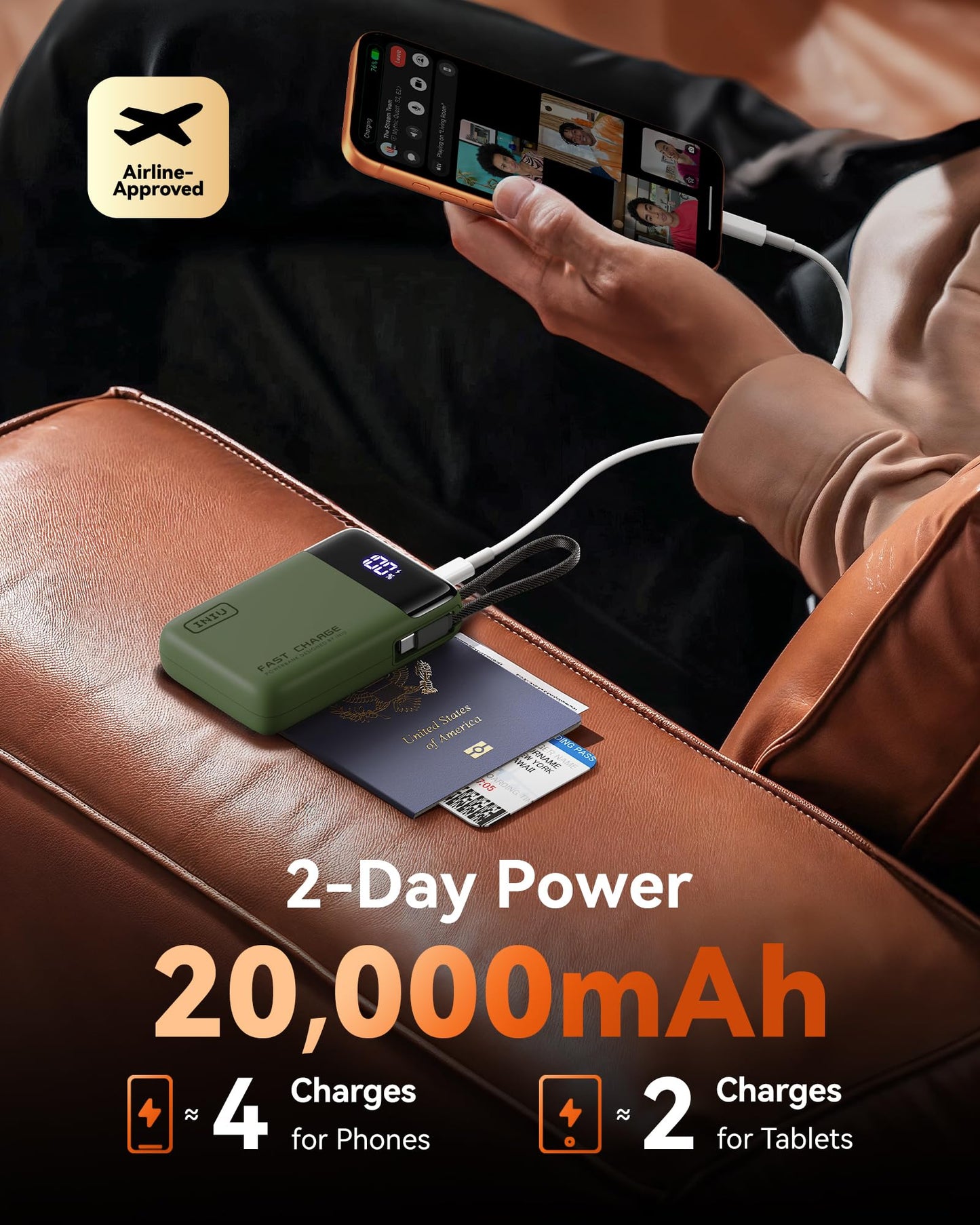 INIU 20000mAh Power Bank, Small 45W PD Fast Charging Portable Charger with Built-in USB C Cable, Flight-Safe Travel External Phone Battery Pack for iPhone 17 16 Pro Max Samsung S25 S26 Google iPad etc