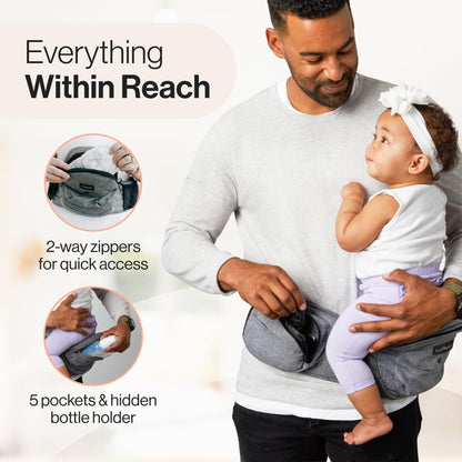 Tushbaby Safety-Certified Hip Carrier for Babies & Toddlers: Machine Washable Child Waist Seat for One Hand Support with Multi-Pocket Storage (23”-44” Waist, Holds Kids 0-3 yrs up to 45lbs) – Grey