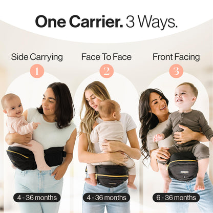Tushbaby Safety-Certified Hip Carrier for Babies & Toddlers: Machine Washable Child Waist Seat for One Hand Support with Multi-Pocket Storage (23”-44” Waist, Holds Kids 0-3 yrs up to 45lbs) – Grey