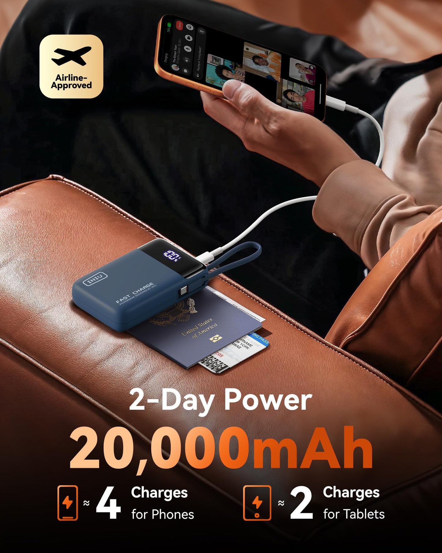 INIU 20000mAh Power Bank, Small 45W PD Fast Charging Portable Charger with Built-in USB C Cable, Flight-Safe Travel External Phone Battery Pack for iPhone 17 16 Pro Max Samsung S25 S26 Google iPad etc