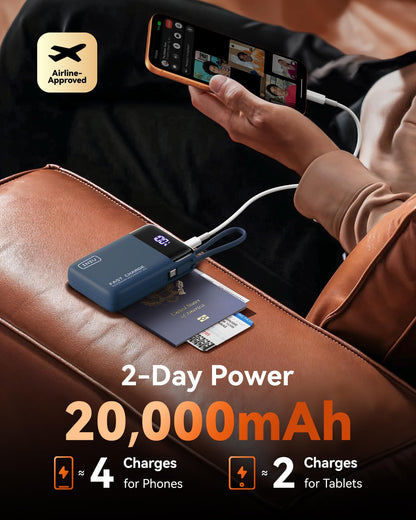 INIU 20000mAh Power Bank, Small 45W PD Fast Charging Portable Charger with Built-in USB C Cable, Flight-Safe Travel External Phone Battery Pack for iPhone 17 16 Pro Max Samsung S25 S26 Google iPad etc