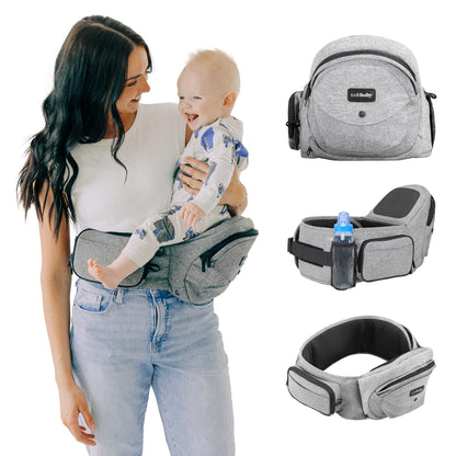 Tushbaby Safety-Certified Hip Carrier for Babies & Toddlers: Machine Washable Child Waist Seat for One Hand Support with Multi-Pocket Storage (23”-44” Waist, Holds Kids 0-3 yrs up to 45lbs) – Grey