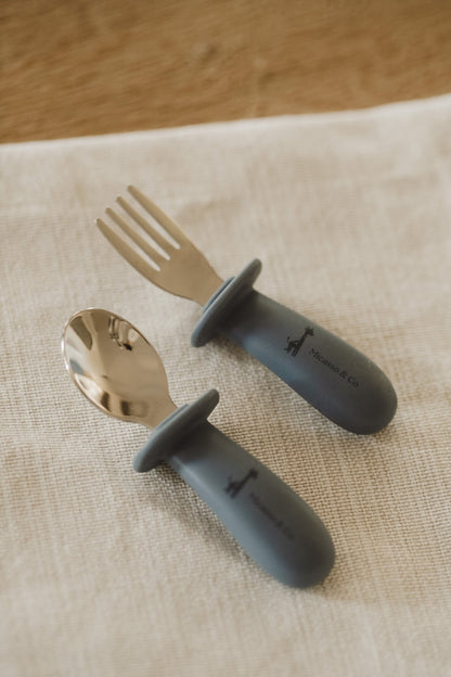 Silicone & Steel Spoon & Fork Set — Toddler Cutlery